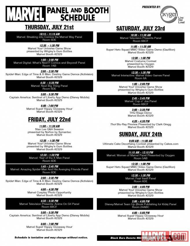 Marvel Panel and Booth Schedule SDCC 2011