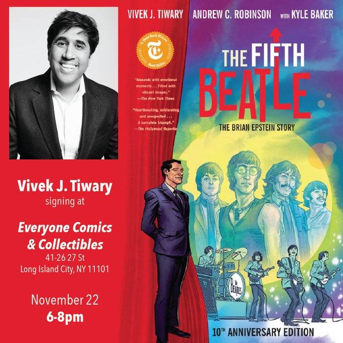 A poster for the fifth beatle with an image of a man in a suit.