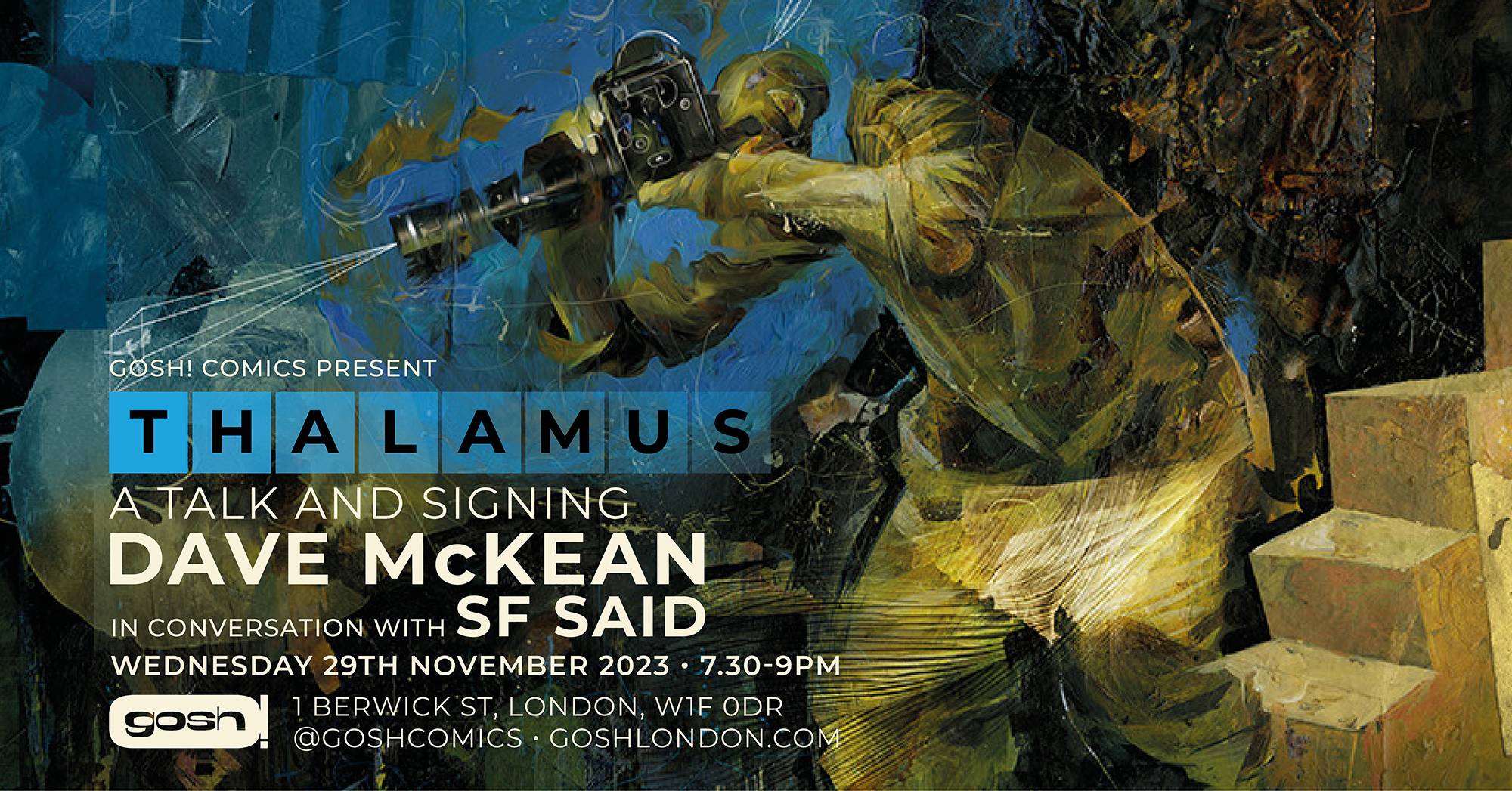 A poster for thalumus, featuring an image of a man with a gun.