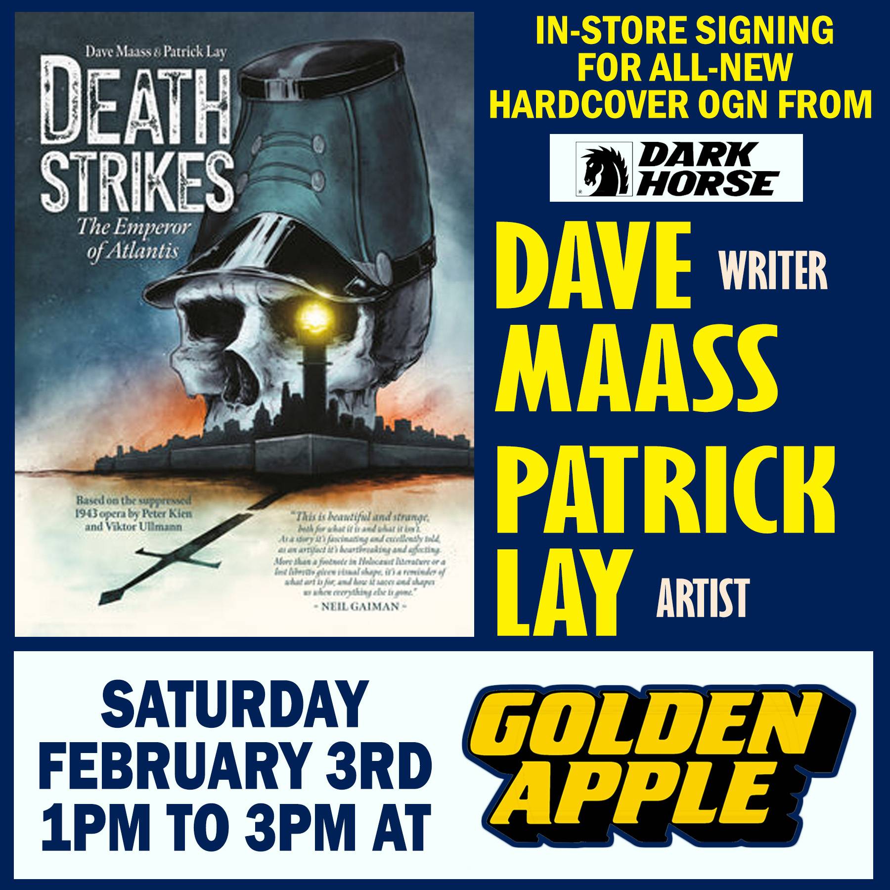 A poster for death strikes by dave masss and patrick lay.