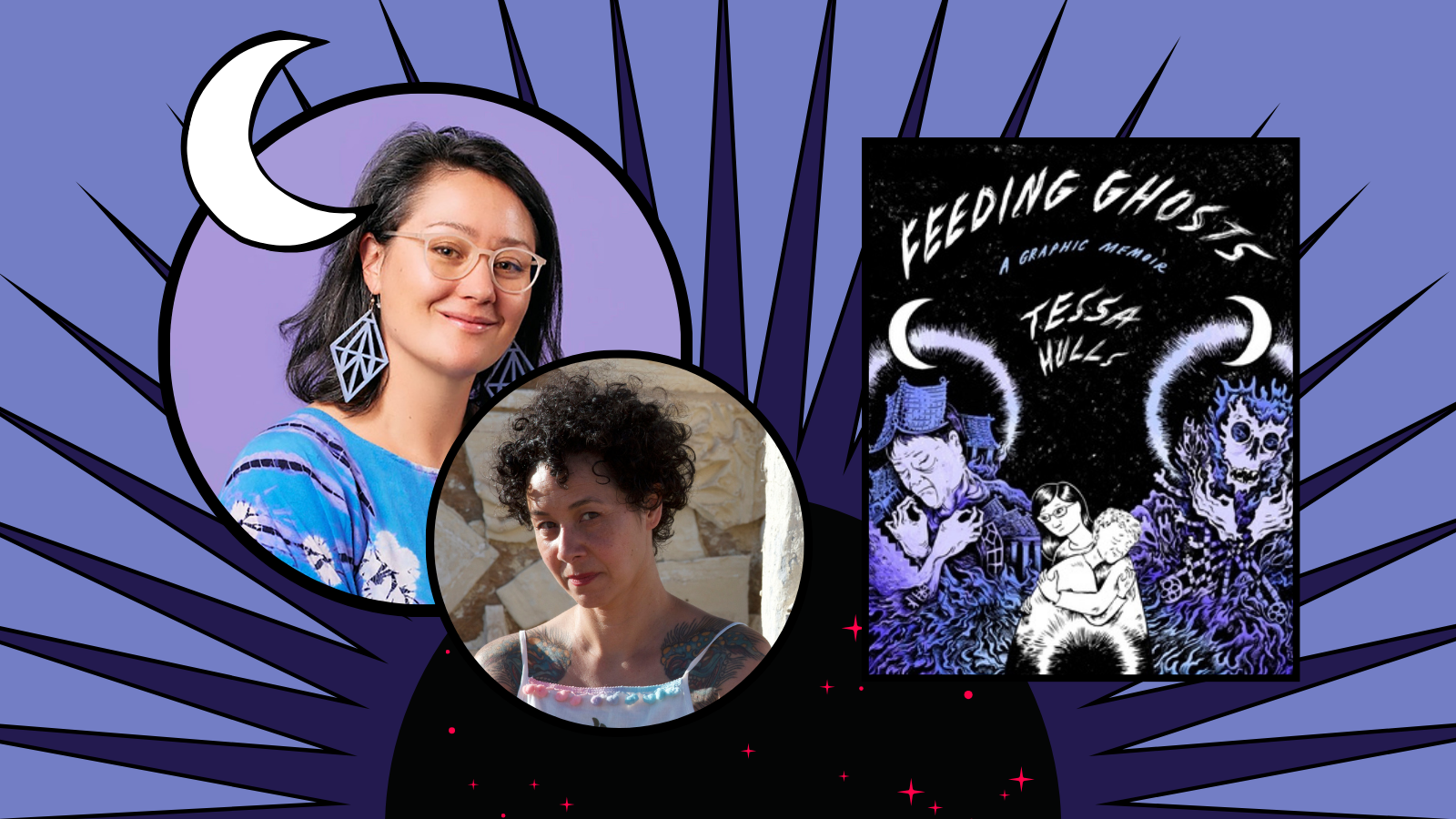 An illustration featuring two juxtaposed portraits of a woman with a graphic novel cover titled "feeding ghosts" by tessa hulls in the center.