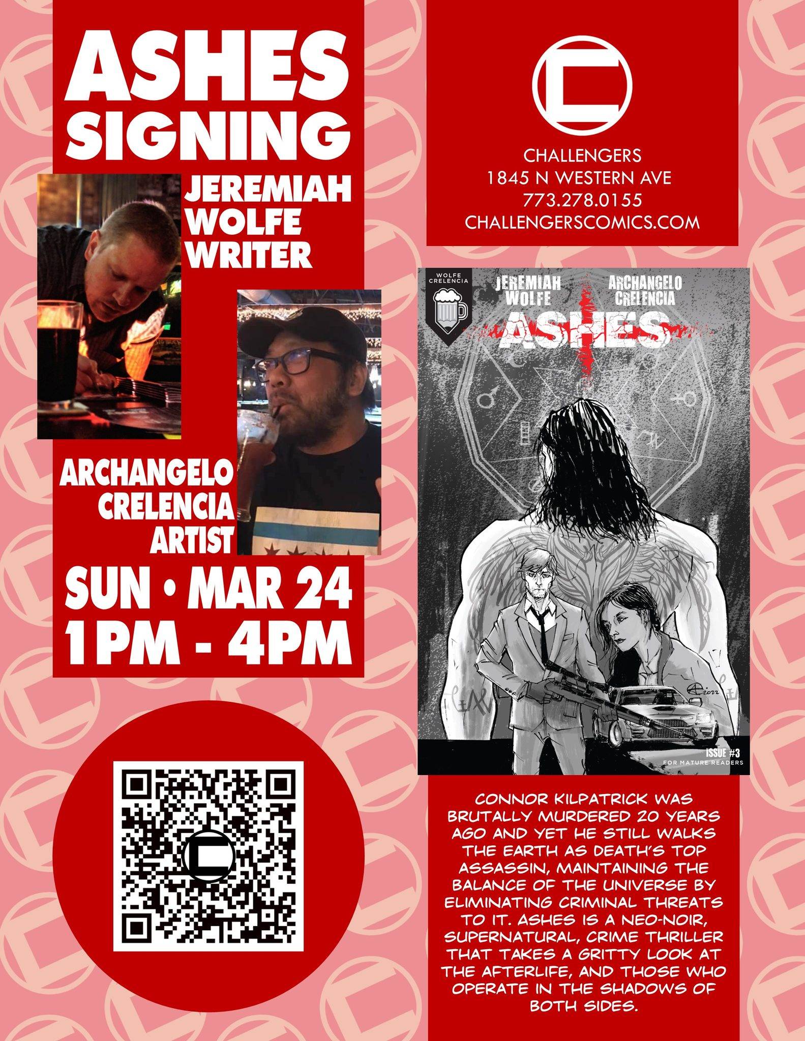 Promotional poster for a book signing event featuring writer jeremiah wolfe and artist archangelo at challengers comics on sunday, march 24.