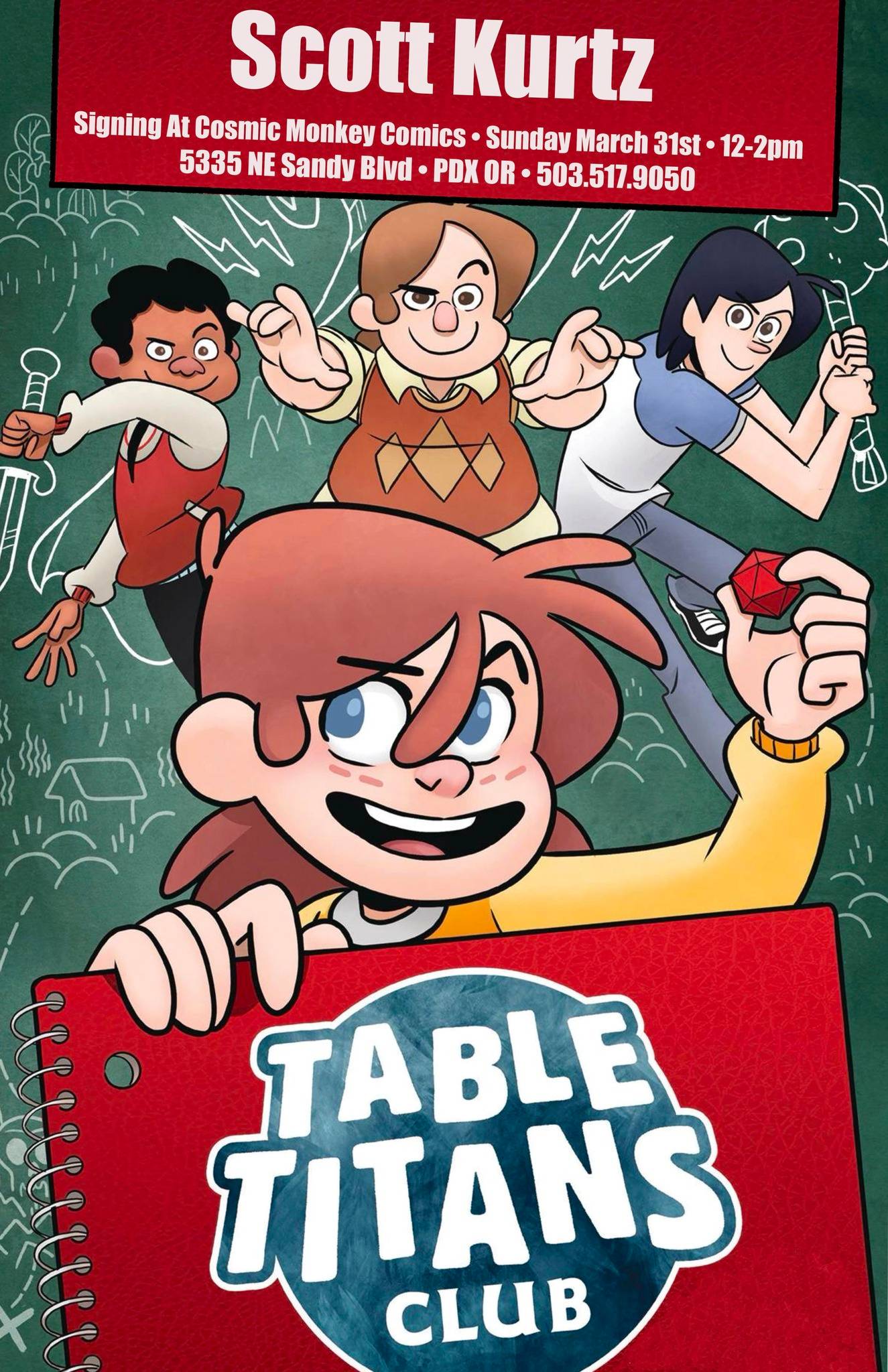 Promotional poster for scott kurtz's "table titans club" signing event at cosmic monkey comics.