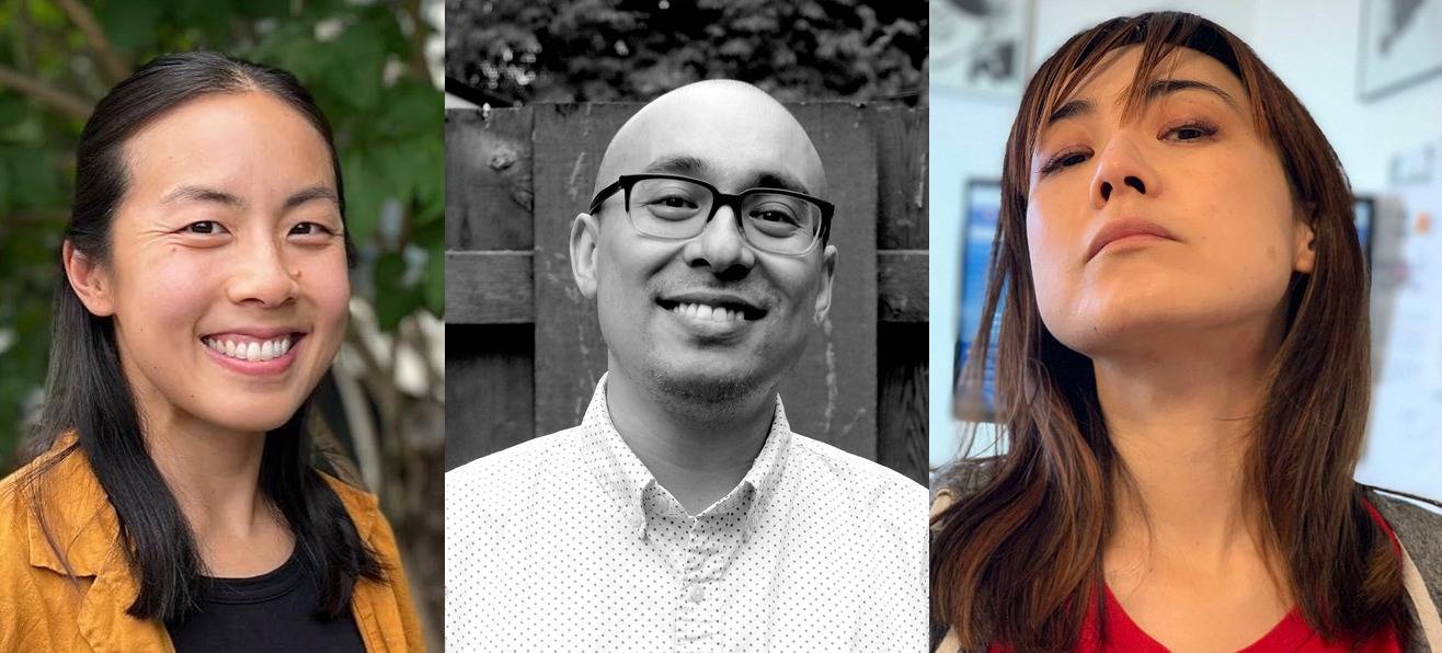 Three diverse individuals: an asian woman smiling outdoors, an asian man in glasses with a neutral expression in a black and white photo, and a woman with a serious look indoors.