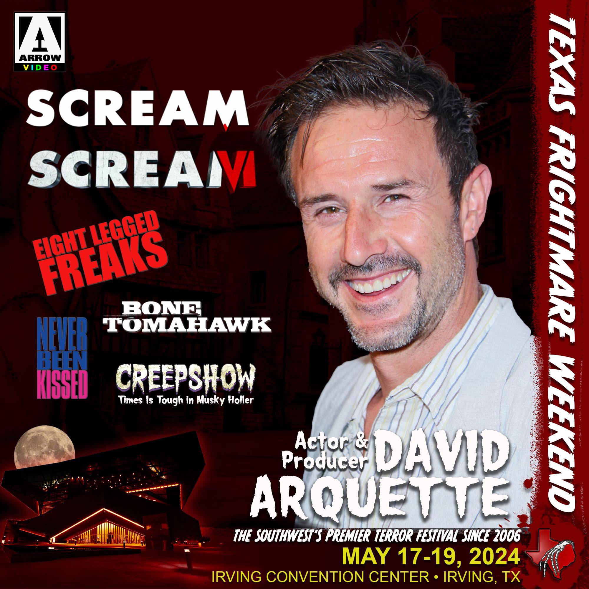 Promotional poster for texas frightmare weekend featuring actor david arquette, listing horror films and event details, with a vibrant red background.