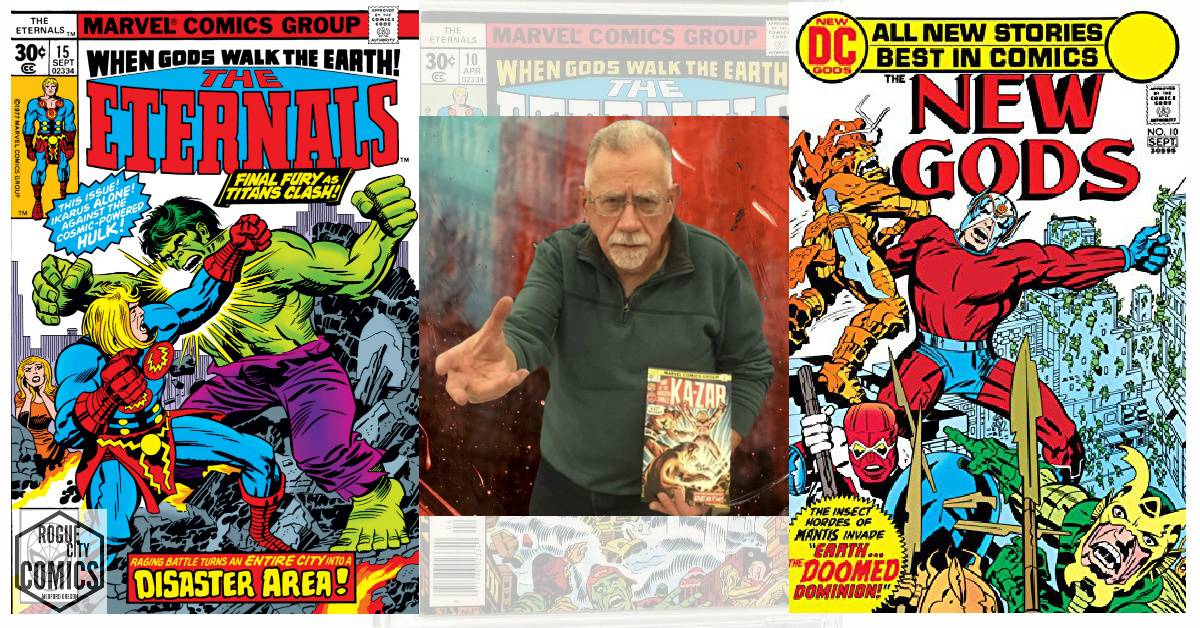 A person holding a comic book flanked by the covers of "the eternals" and "the new gods" comic books.