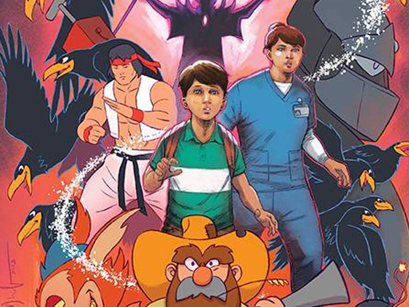 Illustration depicting a boy with a determined expression flanked by animated characters from the '80s, including a martial artist, a medical professional, and various stylized animals.