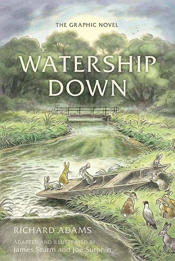 Cover of the graphic novel "watership down" featuring illustrations of rabbits in a lush, green landscape with a stream and wooden bridge.