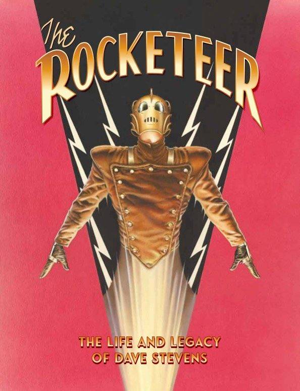 Cover of "The Rocketeer: The Life and Legacy of Dave Stevens" featuring an illustration of a character in a golden helmet and leather jacket, with a backdrop of lightning imagery.