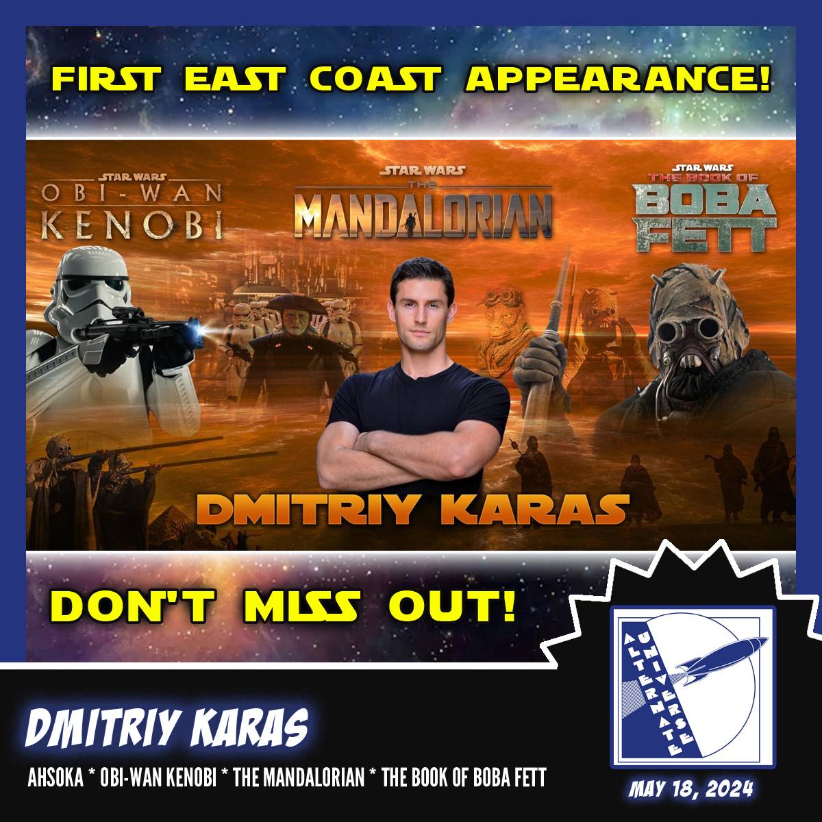 Promotional poster featuring dmitry karas announcing his first east coast appearance with "star wars" series logos and a date of may 18, 2024.
