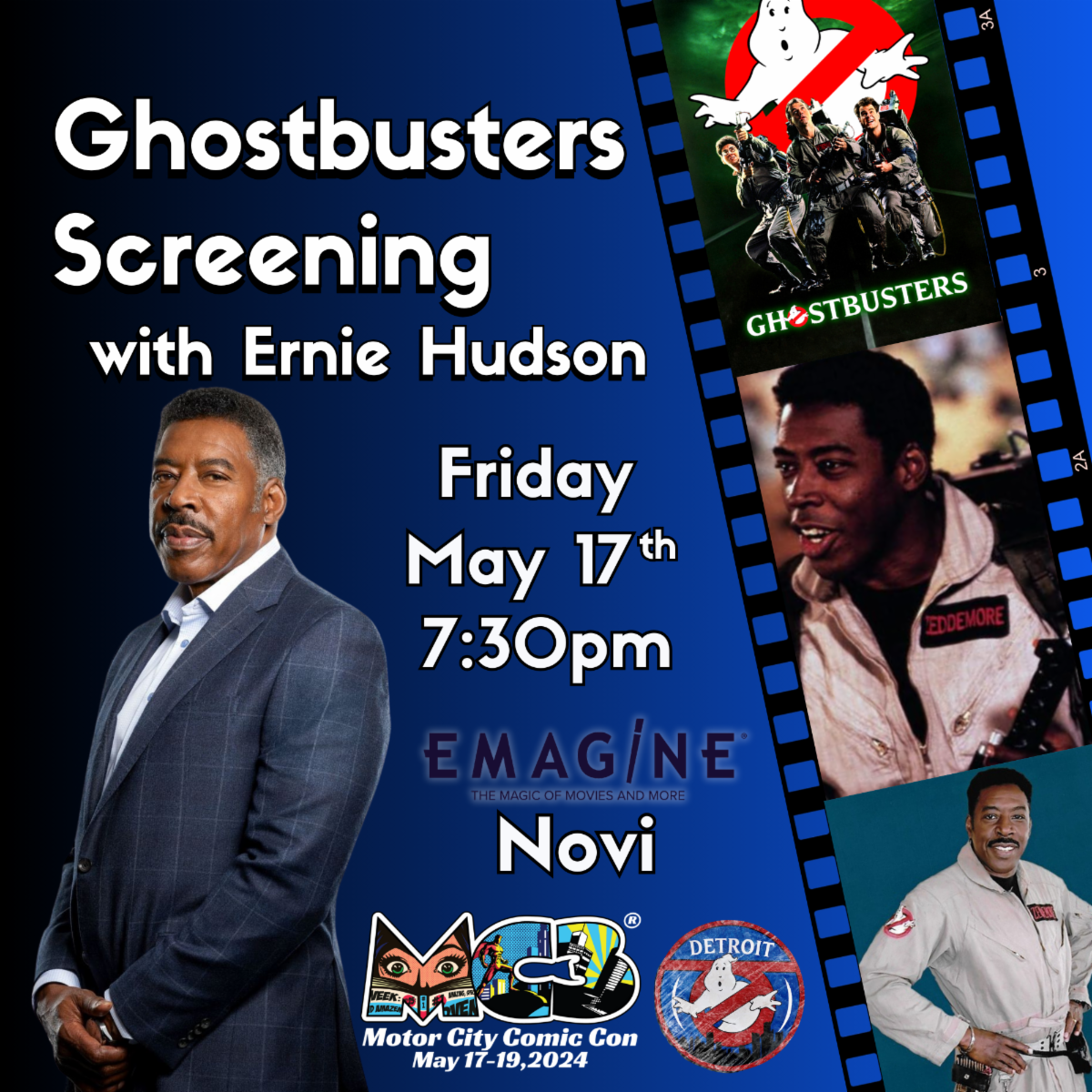 Promo poster for a Ghostbusters screening featuring Ernie Hudson, showing date, time, and venue details. Includes film scenes and Motor City Comic Con logos.