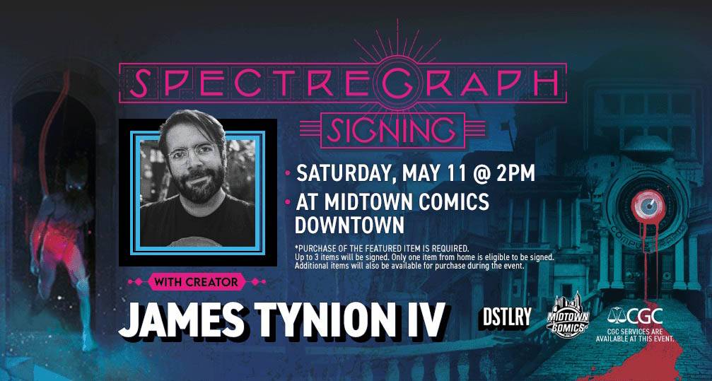 Promotional graphic for a book signing event featuring author james trynior for "spectre iv" on may 11 at 2 pm at midtown comics, featuring a photo of the author and event details.