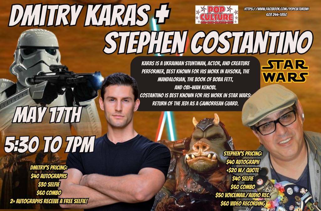 Promotional poster for an event featuring actor Dmitry Karas with Star Wars theme, including images of him, a Stormtrooper, and a Gamorrean Guard, with event details and pricing listed.