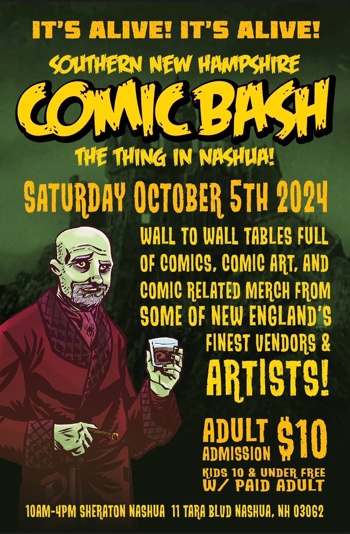 Poster for the southern new hampshire comic bash on october 5th, 2024, featuring comics, comic art, and local artists at the sheraton nashua, nh, with pricing details.
