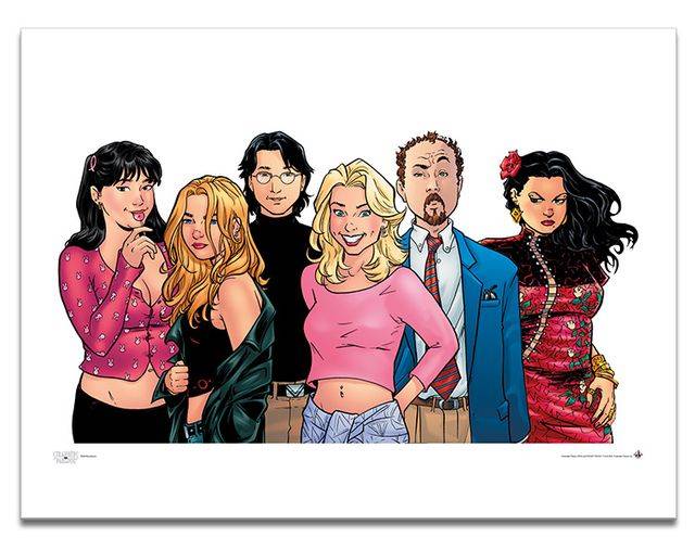 A group illustration of six characters, including four women and two men. The background is plain white, and the characters are dressed in varied, casual to semi-formal attire.