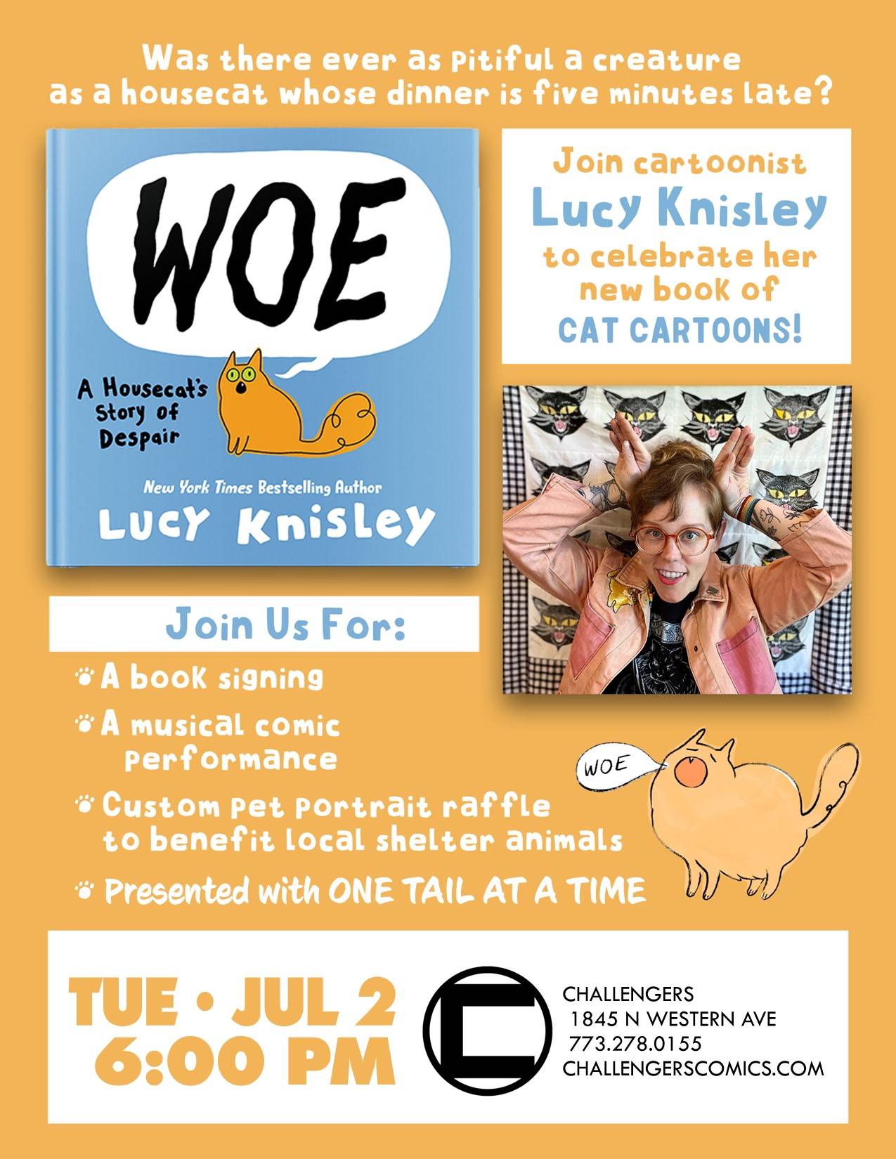 Promotional poster for Lucy Knisley's book "WOE: A Housecat's Story of Despair" featuring event details for a book signing and performance at Challengers in Chicago on July 2nd at 6:00 PM.