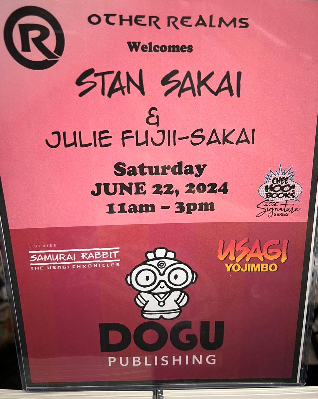 Poster announcing an event with Stan Sakai and Julie Fujii-Sakai on Saturday, June 22, 2024, from 11 am to 3 pm at Other Realms, featuring Samurai Rabbit and Usagi Yojimbo by DOGU Publishing.