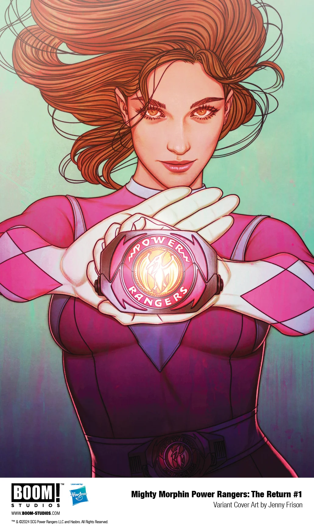 Comic book cover featuring a woman in a pink suit holding a glowing device with "Power Rangers" written on it. The background has a gradient of green to pink. Text reads "Mighty Morphin Power Rangers: The Return #1".