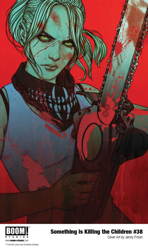 Comic book cover titled "Something is Killing the Children #38" by Boom! Studios, featuring a determined character holding a blood-stained chainsaw, with a red background. Artwork by Jenny Frison.