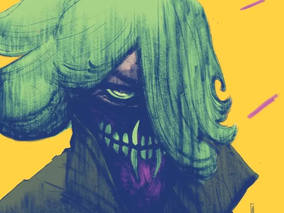 Digital artwork of a character with green hair, covering one eye partially, wearing a dark garment, and displaying a sinister grin with sharp teeth against a yellow background.