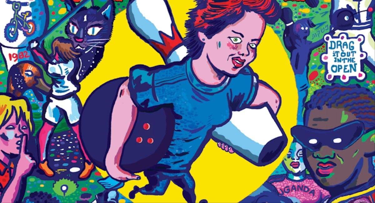 Colorful illustration featuring various characters and objects: a person holding a hairdryer and giant bowling pin, a cat-like figure, and a masked person. Text reads, "Drag it out in the open.