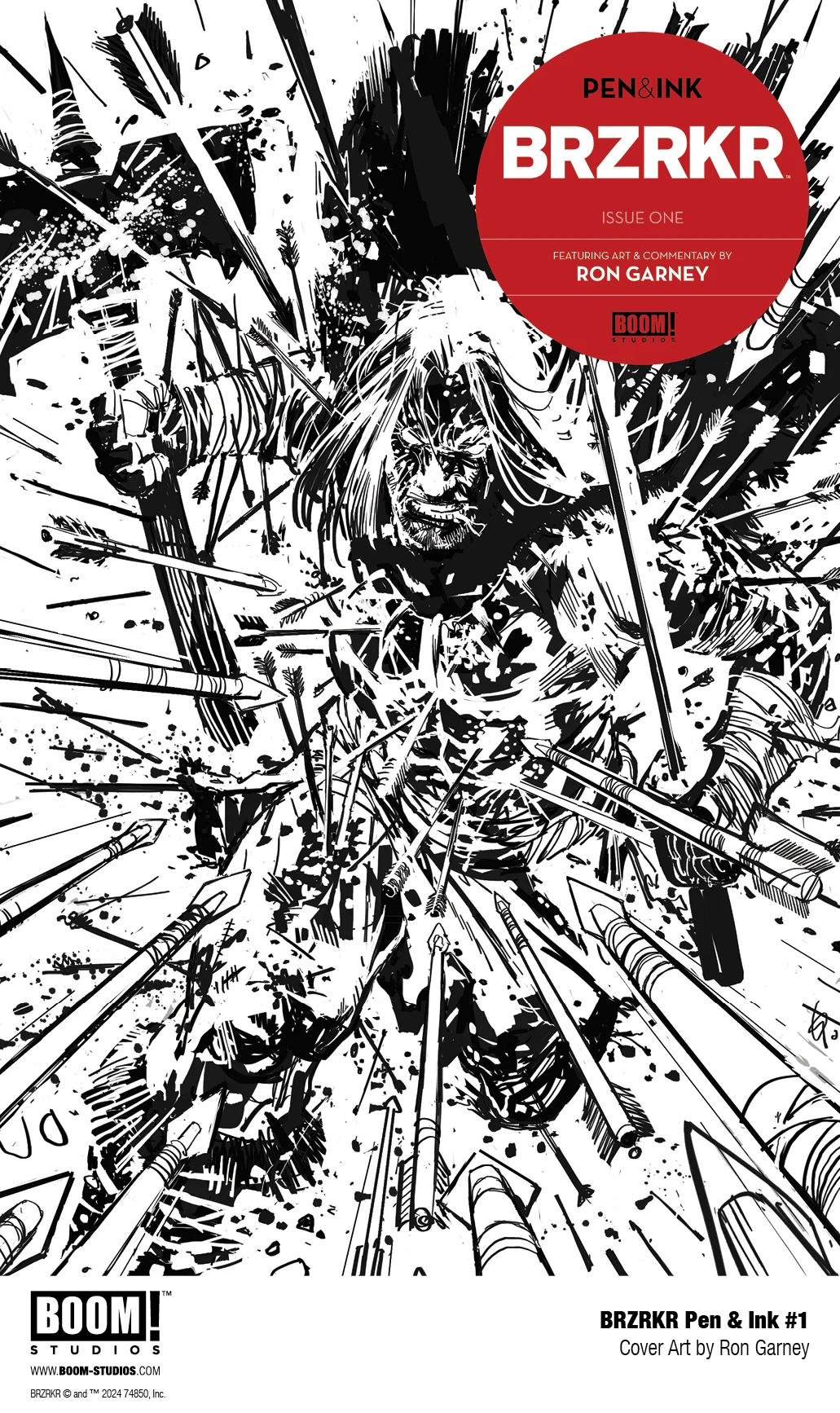 Black and white comic book cover titled "BRZRKR" shows an intense action scene with a dynamic figure surrounded by shattered objects and flying debris. Art by Ron Garney.