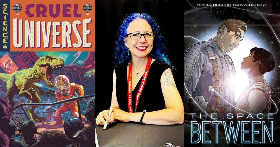 A person with blue hair sits at a table between two comic book covers, "Cruel Universe" and "The Space Between.