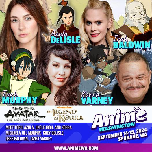 Promotional poster for Anime Washington 2024 featuring images of voice actors and Avatar: The Last Airbender and The Legend of Korra characters. Event dates: September 14-15, Spokane, WA, www.animemwa.com.