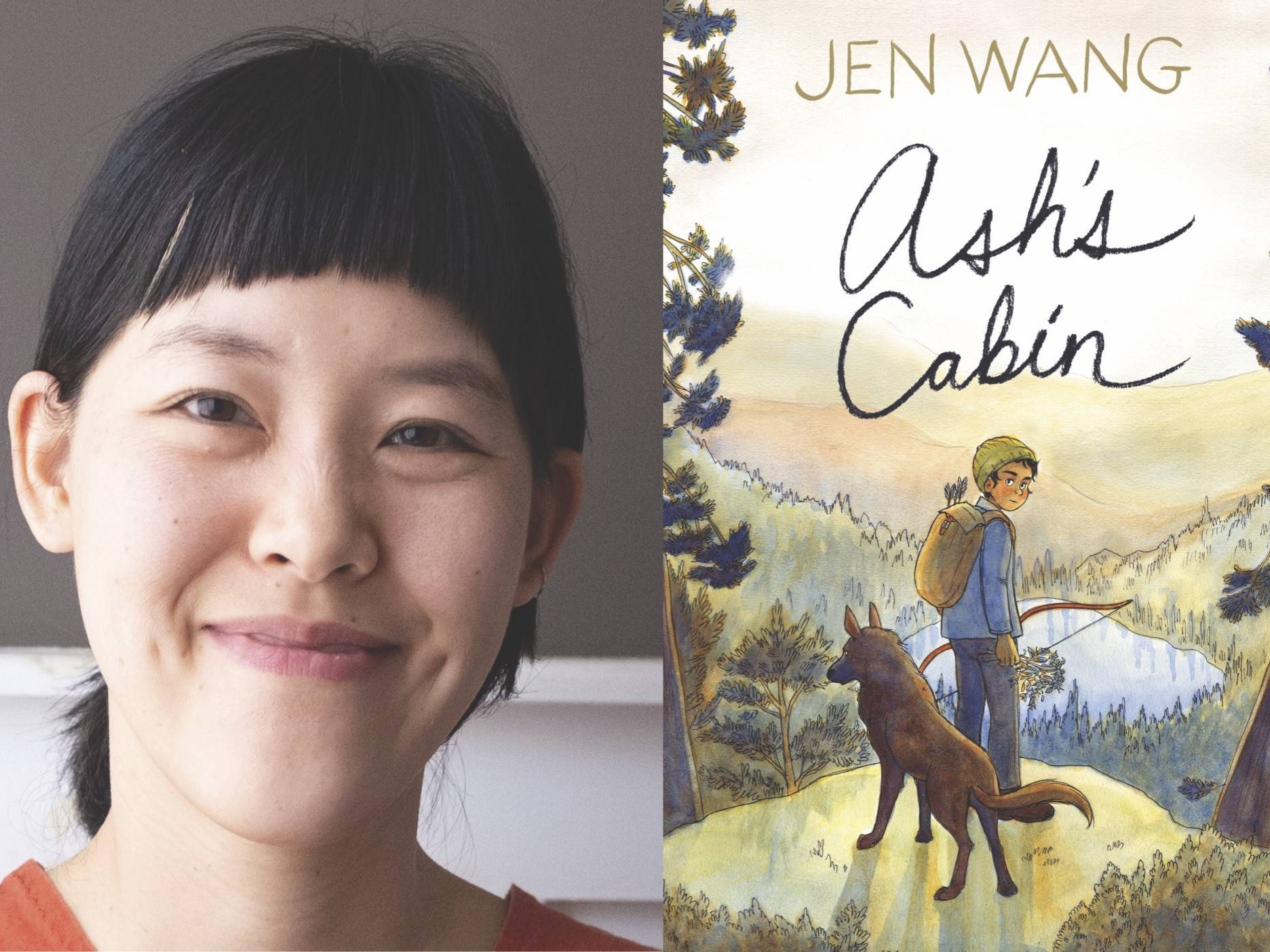 A person with short dark hair smiles next to a book cover titled "Ash's Cabin" by Jen Wang, featuring a child with a backpack and a dog in a forest setting.