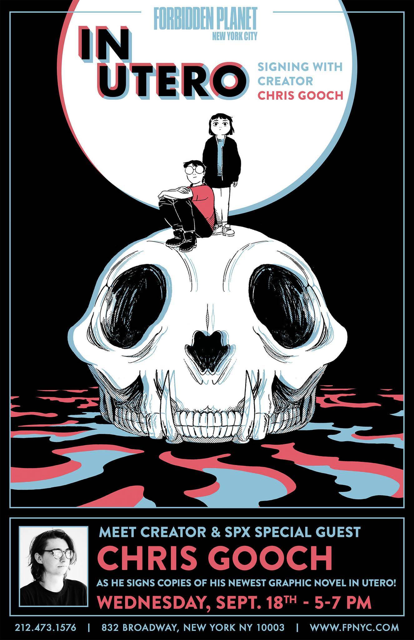 Promotional poster for a signing event with graphic novel creator Chris Gooch at Forbidden Planet in New York City on Wednesday, Sept. 18th, from 5-7 PM, featuring artwork from "In Utero".