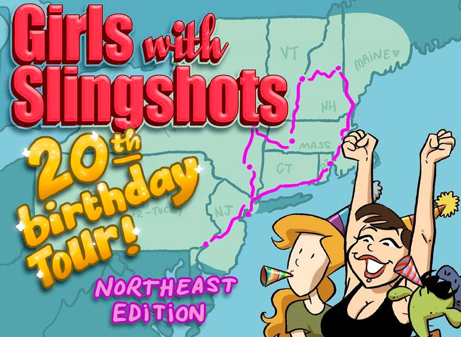 Illustration promoting the "Girls with Slingshots 20th Birthday Tour! Northeast Edition" showing a map of the northeast USA and two characters celebrating with party hats and confetti.