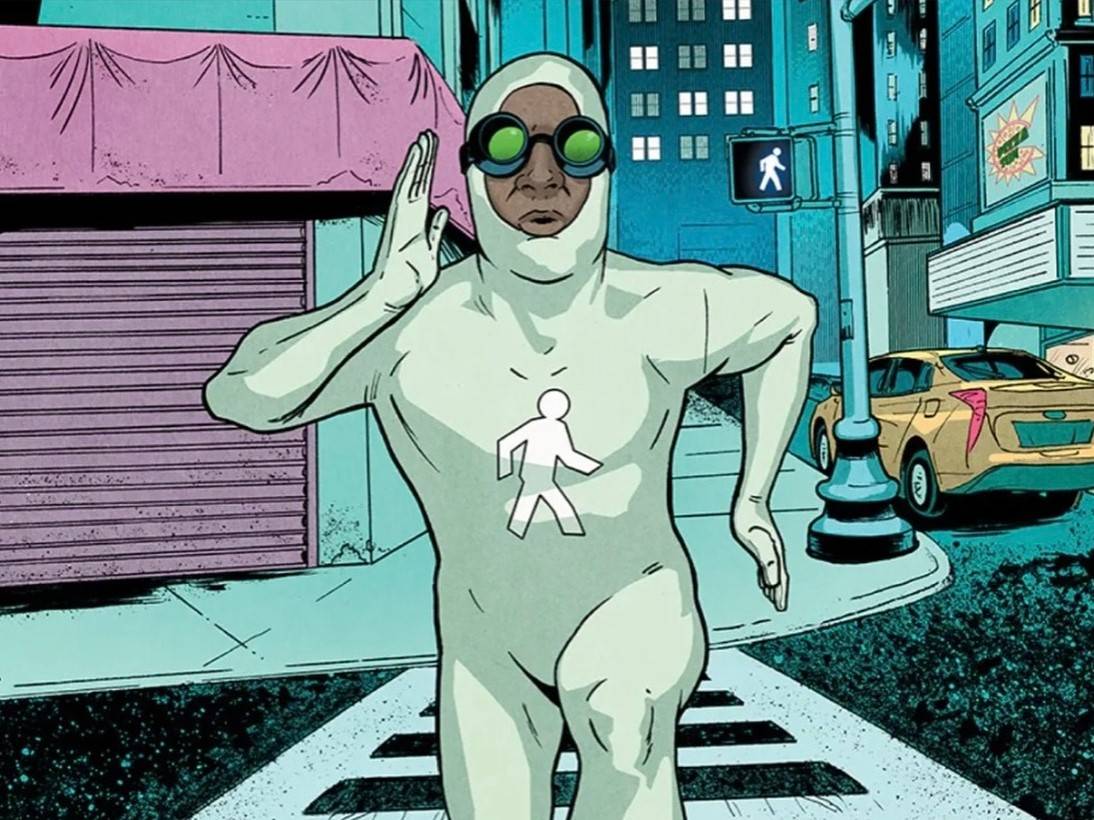 A person in a white suit and goggles runs through a city crosswalk.