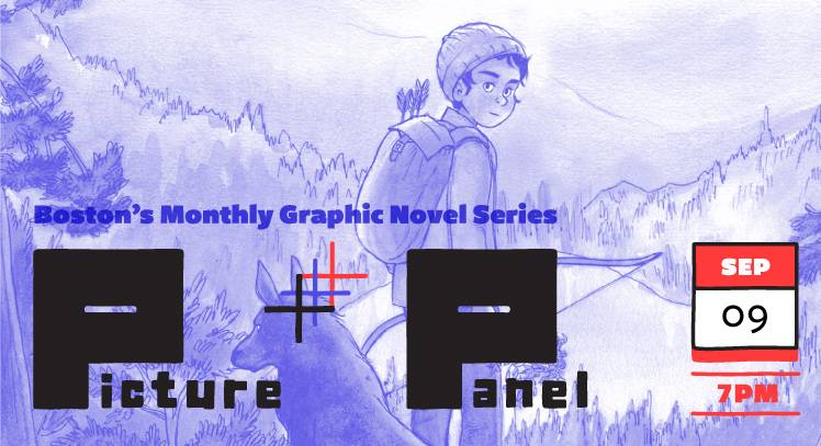 Illustrated poster for "Boston’s Monthly Graphic Novel Series: Picture Panel" featuring a person with a backpack and a deer in a mountainous landscape. Event date: September 9 at 7 PM.