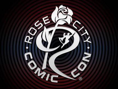 Rose City Comic Con logo featuring a rose and an illustration of a superhero against a circular, gradient background.