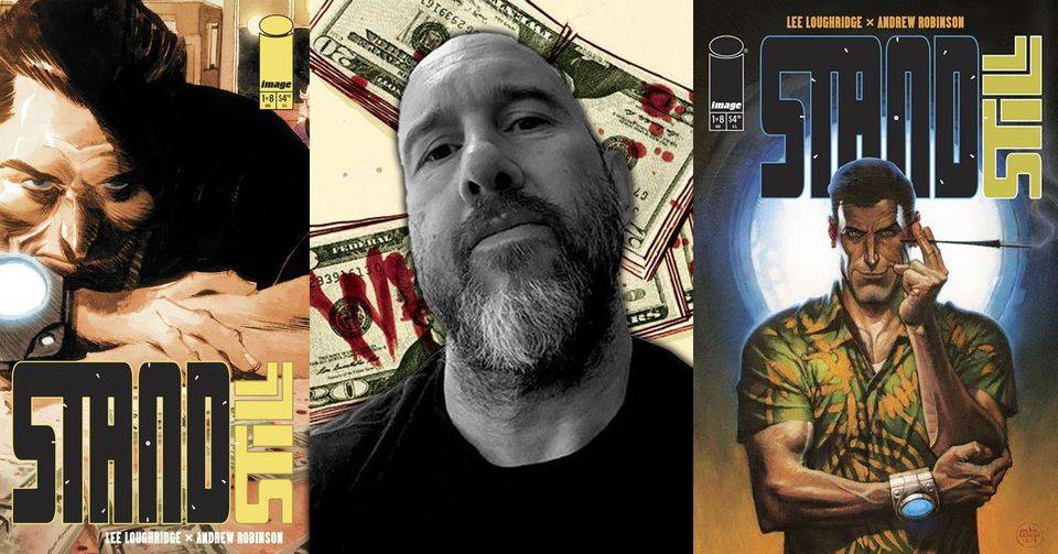 Three images of comic book covers titled "Stand Still" with varying designs. The center image is a black and white photo of a bearded man with an intense expression.
