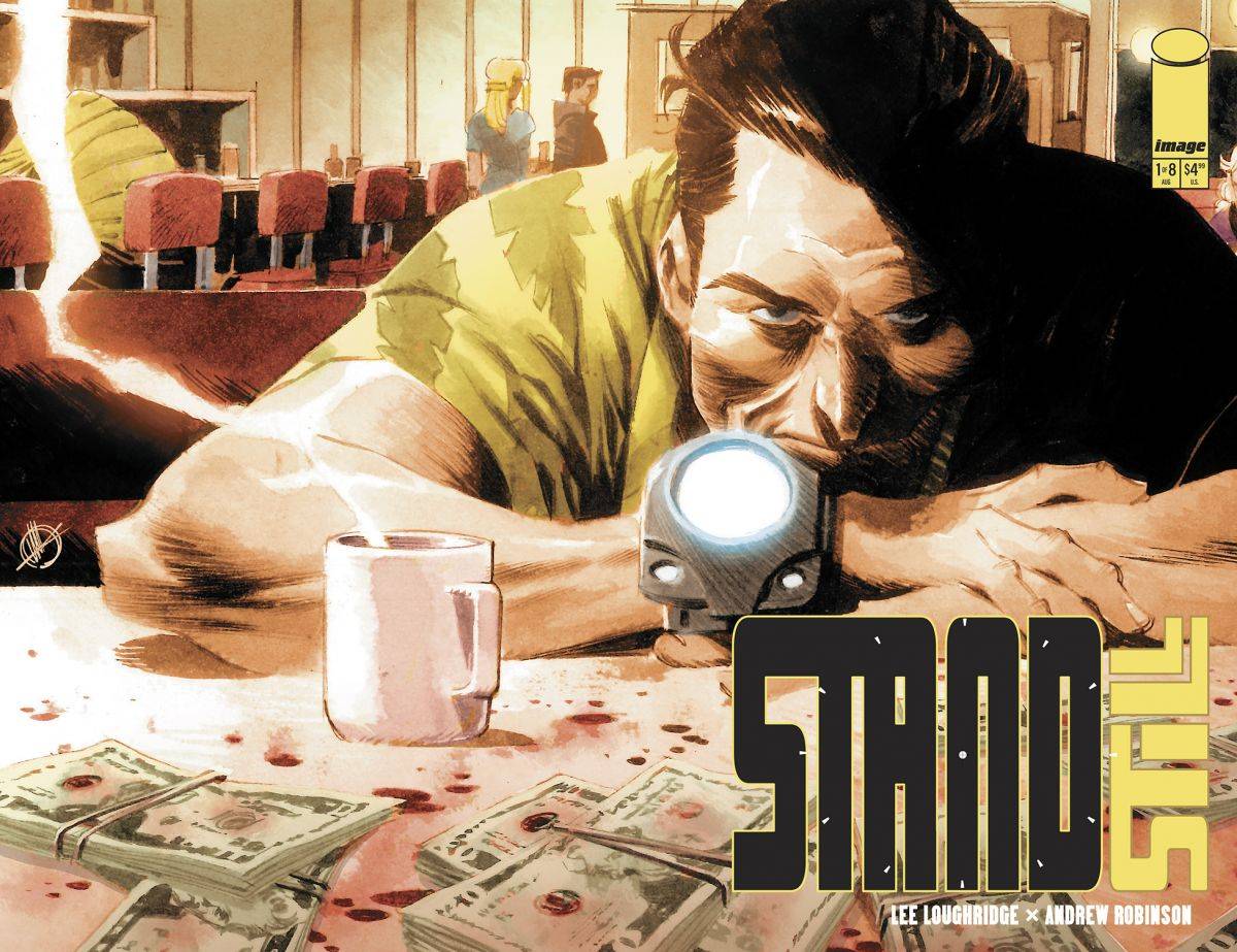 A man lies on a table with a flashlight shining towards him, surrounded by money and a coffee mug. The title "Stand Still" is prominently featured at the bottom of the image.