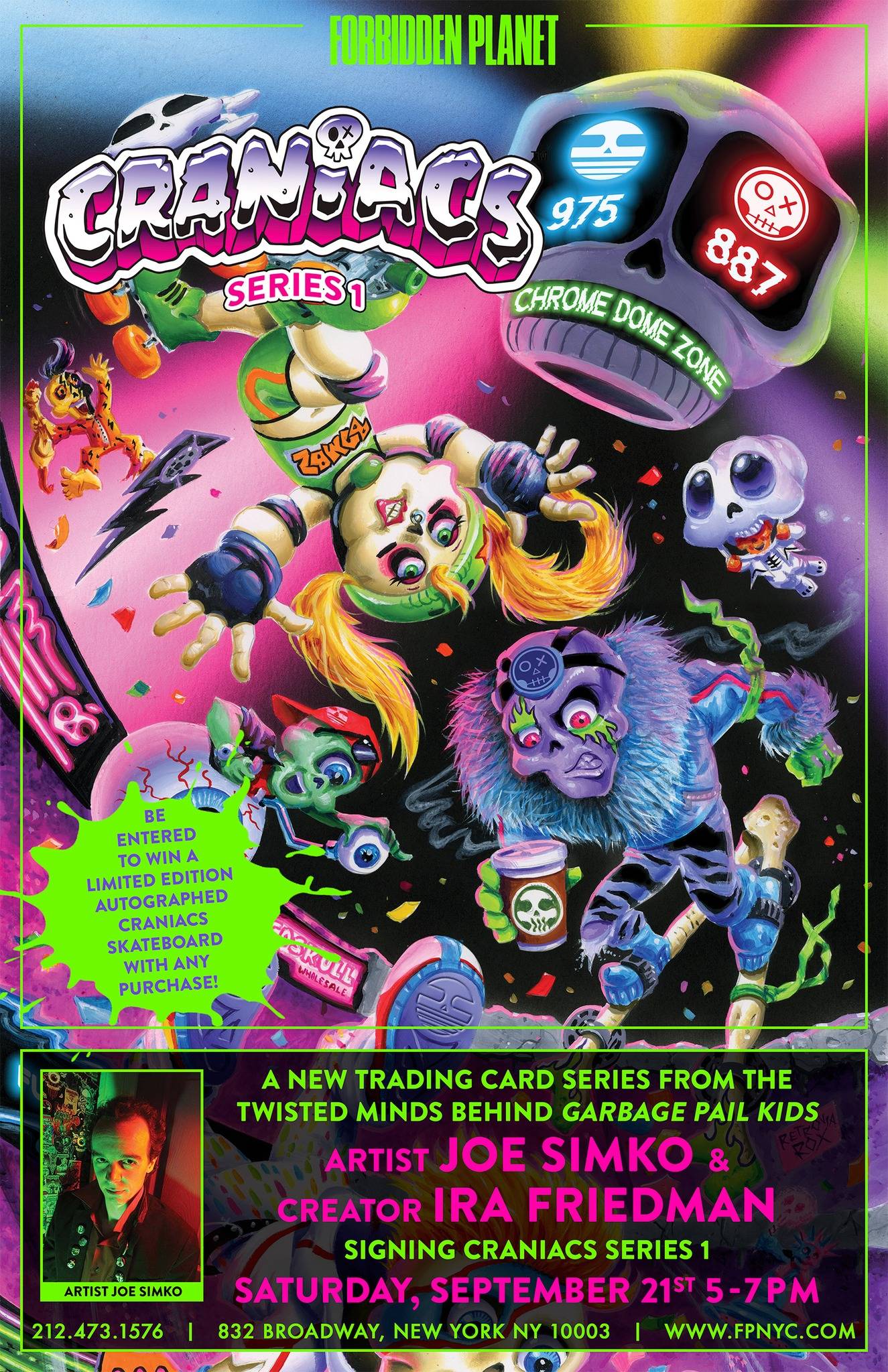 Promotional poster for Craniacs Series 1 trading cards, featuring artist Joe Simko and creator Ira Friedman. Event on Saturday, September 21st, 5-7 PM at Forbidden Planet in New York.