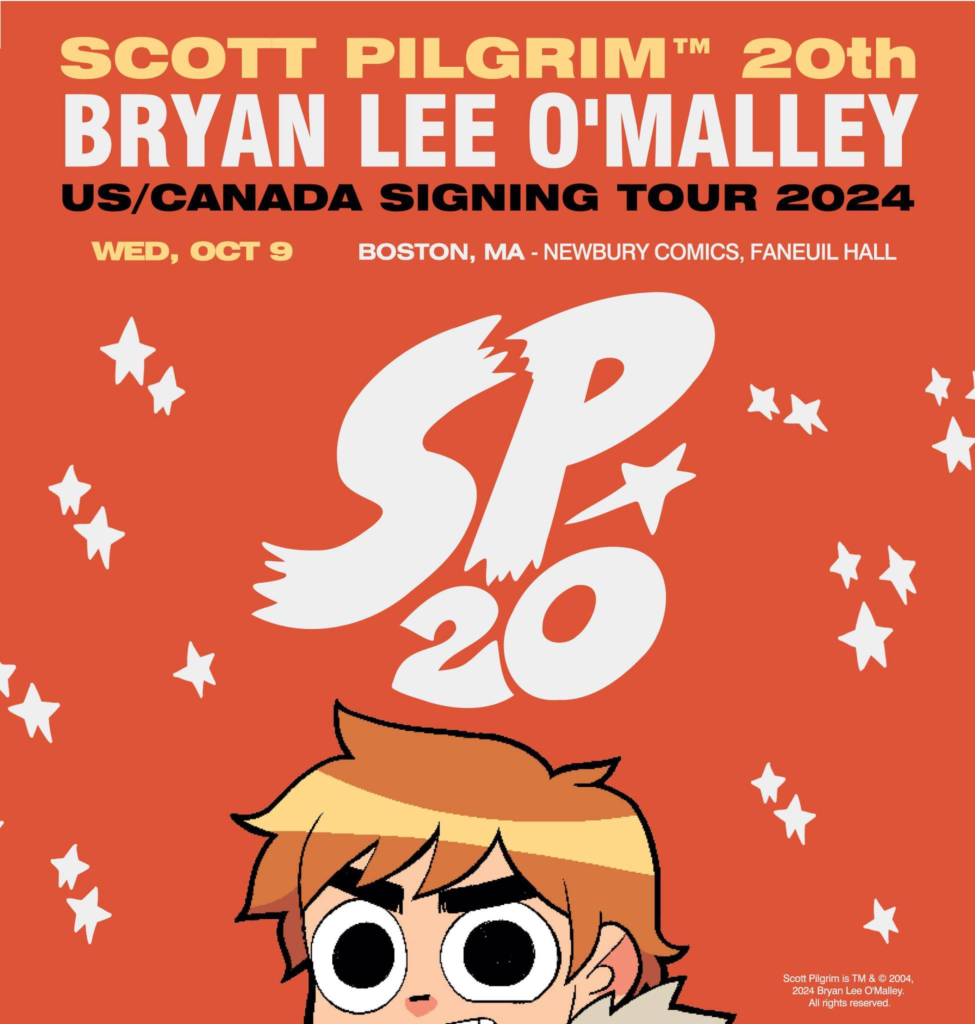 Poster for Bryan Lee O'Malley's "Scott Pilgrim" 20th Anniversary US/Canada Signing Tour 2024. Date: Wed, Oct 9. Location: Boston, MA - Newbury Comics, Faneuil Hall. Features cartoon character and SP20 logo.