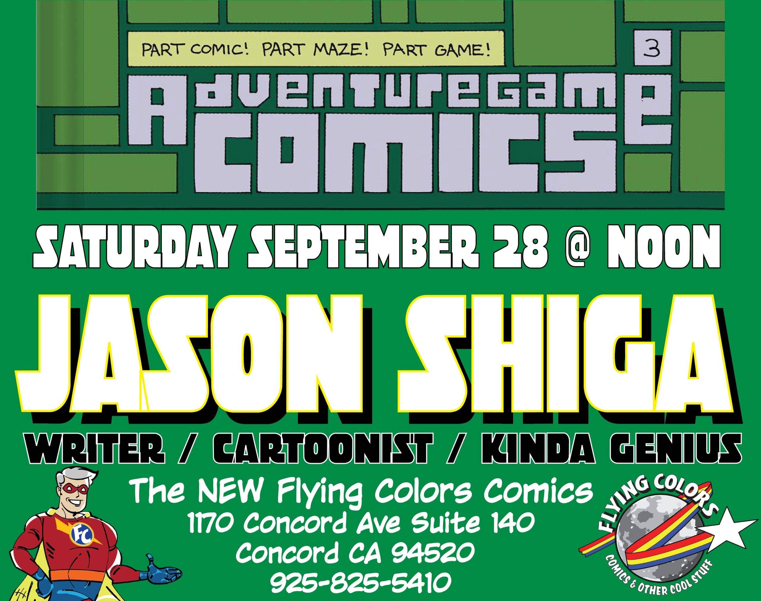 Promotional poster for "Adventure Game Comics" event with Jason Shiga at Flying Colors Comics, featuring date, time, location, and contact details.