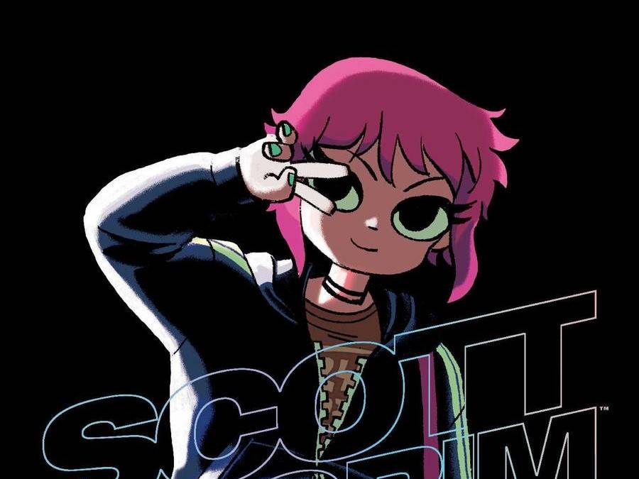 Cartoon character with short pink hair and large green eyes makes a peace sign over one eye. The background is black, and "Scott Pilgrim" text is partially visible.