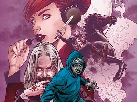 Comic-style illustration featuring a red-haired woman with a headset, a man with long hair holding a cross, a hooded character in the forefront, and a mounted rider in the background.