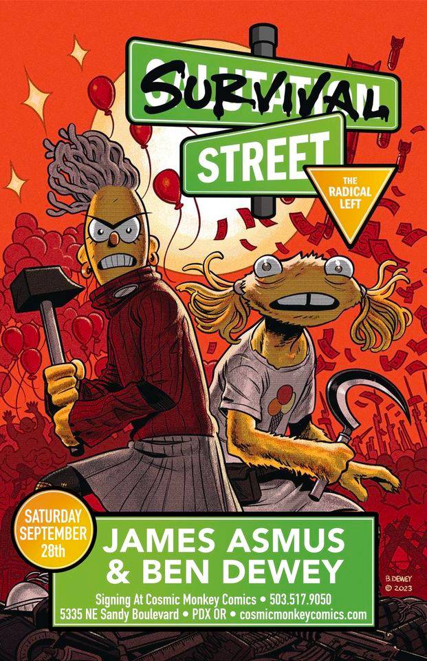 Comic book signing event poster featuring "Survival Street" characters. Announcement for James Asmus and Ben Dewey's appearance on Saturday, September 28th. Additional event details included on the poster.