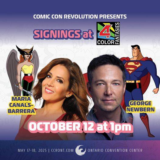 Promotional poster for a signing event at Comic Con Revolution featuring Maria Canals-Barrera and George Newbern on October 12 at 1 PM, with superhero graphics and event details.