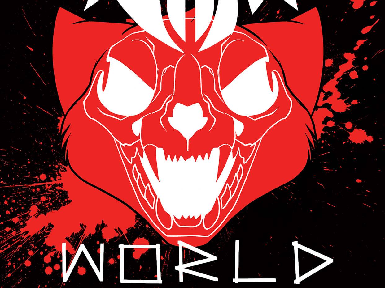 Abstract red and white illustration of an animal skull with sharp teeth over a splattered background. Stylized text reads "World" at the bottom.