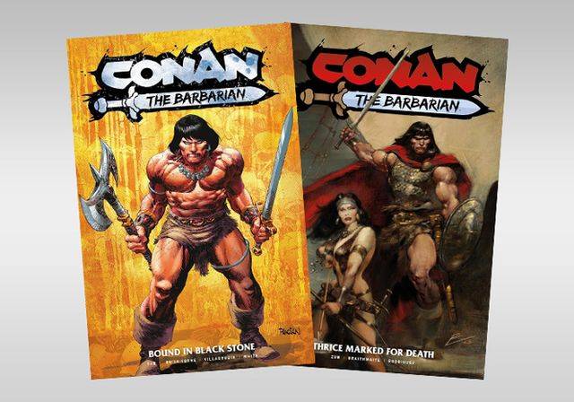 Two "Conan the Barbarian" comic book covers: one with Conan holding an axe, titled "Bound in Black Stone," and another with Conan and a woman, titled "Thrice Marked for Death.