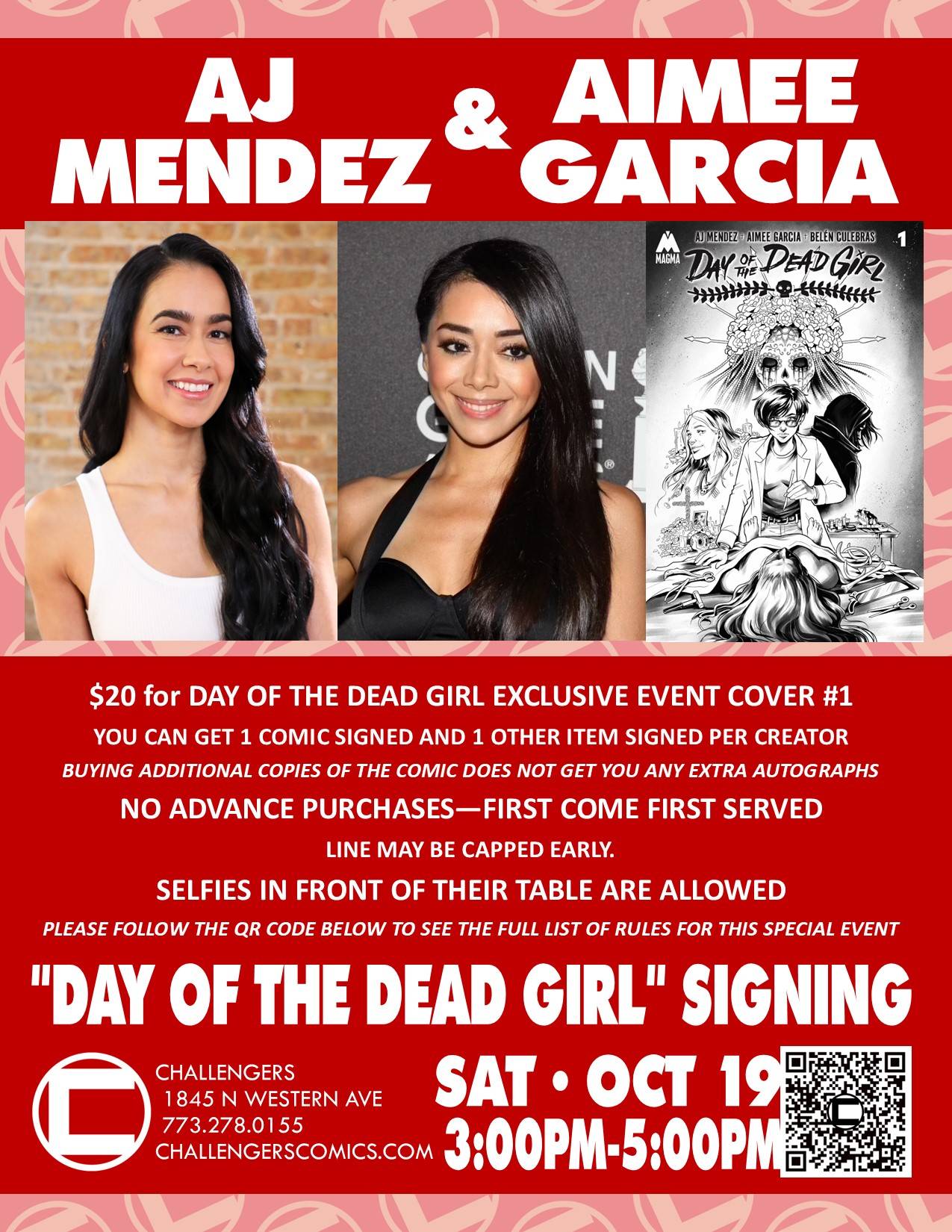 Image promoting a comic signing event with AJ Mendez and Aimee Garcia featuring "Day of the Dead Girl." Event details: Oct 19, 3-5 PM, Challengers Comics, 1845 N Western Ave.