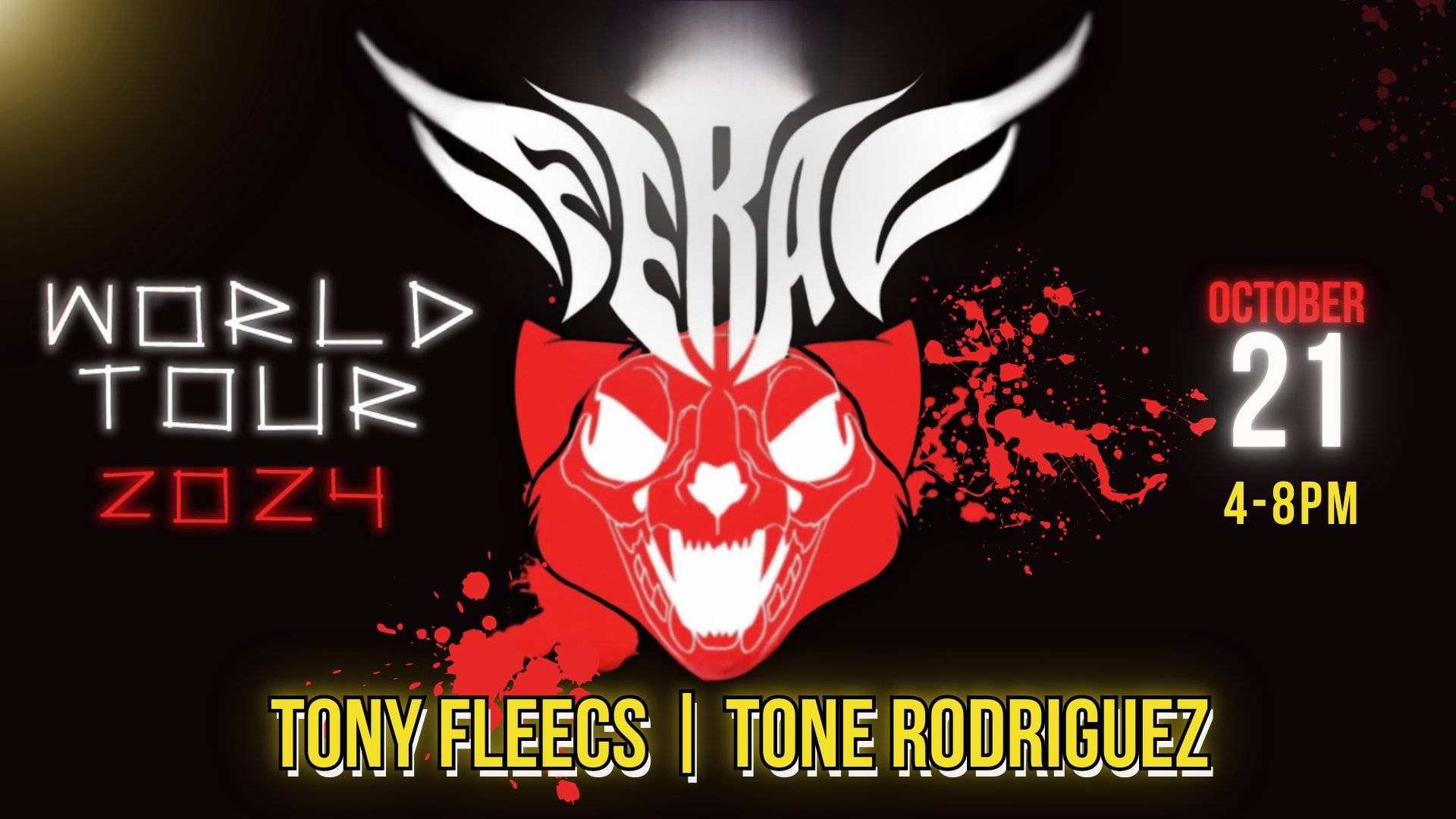 Stylized poster for "Fara" World Tour 2024, featuring an aggressive red wolf graphic, with dates October 21, 4-8 PM, and names Tony Fleecs and Tone Rodriguez.