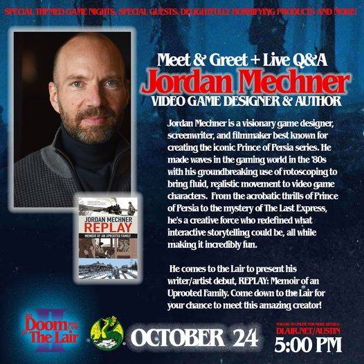 Promotional poster for a live Q&A with video game designer Jordan Mechner on October 24 at 5:00 PM, featuring his book "Replay: Memoir of an Uprooted Family.