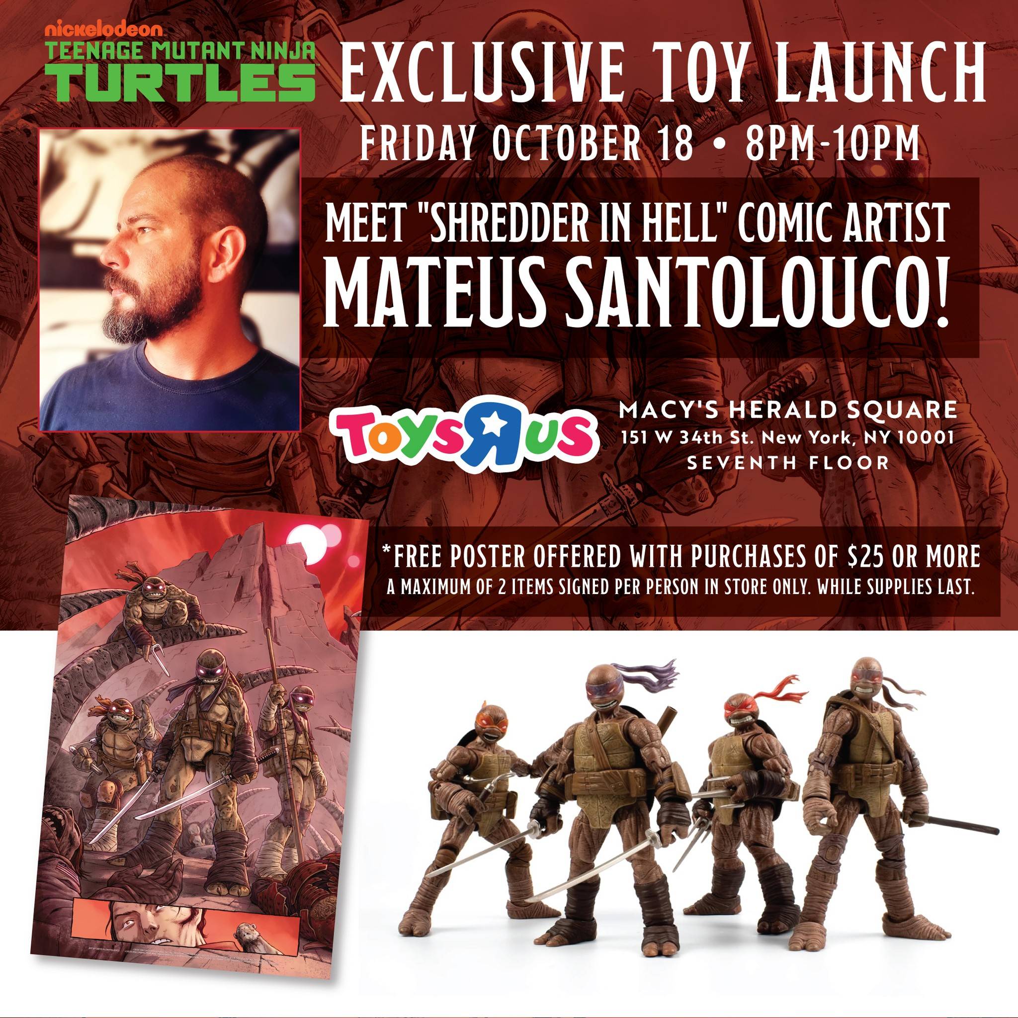 Promotional poster for a Teenage Mutant Ninja Turtles toy launch event with artist Mateus Santolouco, featuring date, location details, and images of toys and comics.