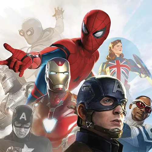 A group of superheroes, including characters dressed as Spider-Man, Iron Man, Captain America, and others, stand together in various dynamic poses against a cloudy background.